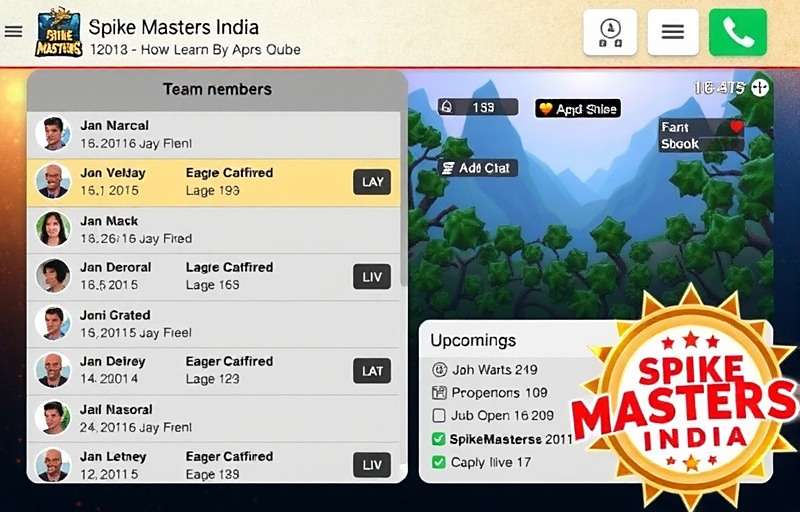Spike Masters India clan interface showing team members, chat, and upcoming competitions with Spike Masters India watermark