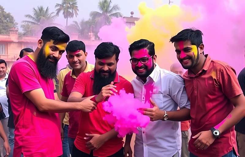 Spike Masters India Holi special event with players celebrating with colored powder and festive decorations with Spike Masters India watermark