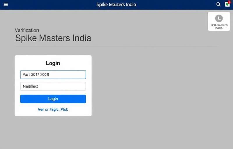 Spike Masters India login and registration screen with mobile number verification option and Spike Masters India watermark